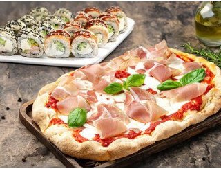 Некруглая пицца и роллы лого